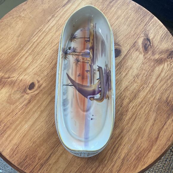 Nippon 12" Porcelain Hand Painted Canoe Shaped Dish / Tray - Picture 7 of 11